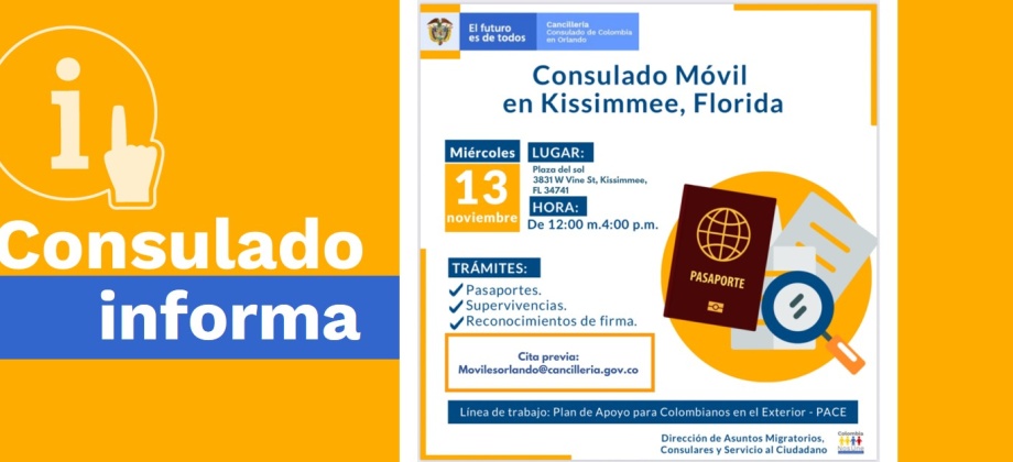 El Consulado de Colombia en Orlando realizará una jornada de Consulado Móvil en Kissimmee el 13 de noviembre de 2019