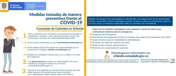  Medidas tomadas de manera preventiva por el Consulado de Colombia en Orlando frente al COVID
