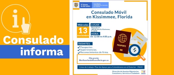 El Consulado de Colombia en Orlando realizará una jornada de Consulado Móvil en Kissimmee el 13 de noviembre de 2019