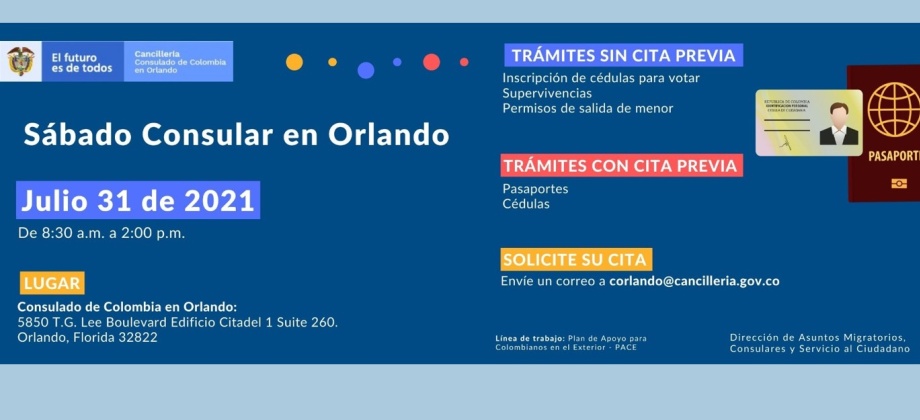 El Consulado de Colombia en Orlando realizará un Sábado Consular, el 31 de julio de 2021